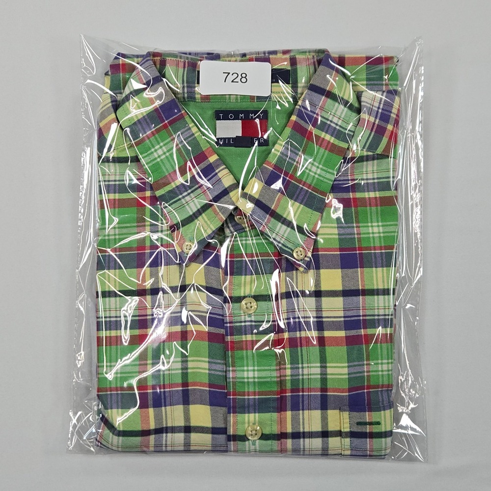 Vintage Tommy Hilfiger Shirt Mens L Green Red Blue Plaid Crest Logo Preppy Y2K - Picture 9 of 9